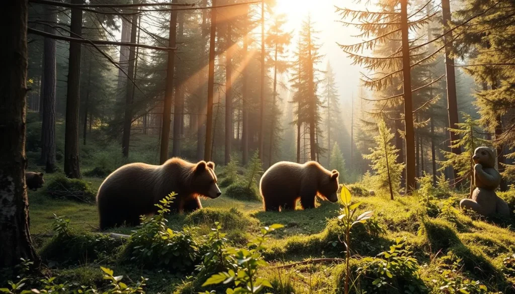 A tranquil forest clearing in the Carpathian Mountains, sunlight filtering through the canopy, casting a warm glow on a trio of majestic brown bears foraging amidst the lush undergrowth. Their powerful frames and shaggy fur command respect, as they move with a graceful, almost choreographed rhythm, exemplifying the delicate balance between humans and nature in this pristine wilderness. The scene evokes a sense of awe and reverence, a reminder of the importance of responsible hiking practices and wildlife conservation efforts to preserve the natural wonder of Piatra Craiului National Park.
