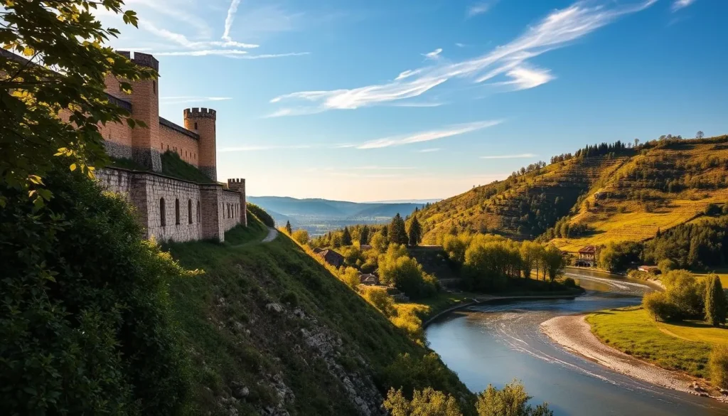 A tranquil hilltop fortress overlooking the winding Yantra River below. Weathered stone walls and towers stand tall, basking in the warm afternoon light. In the foreground, lush greenery cascades down the hillside, complementing the picturesque scene. The river meanders gracefully, its glimmering surface reflecting the surrounding landscape. Wisps of clouds drift across a clear, azure sky, heightening the serene atmosphere. A sense of timeless history permeates the air, inviting the viewer to imagine the fortress' storied past. Capture the quiet beauty and majestic views of Trapezitsa, a true gem of Veliko Tarnovo.