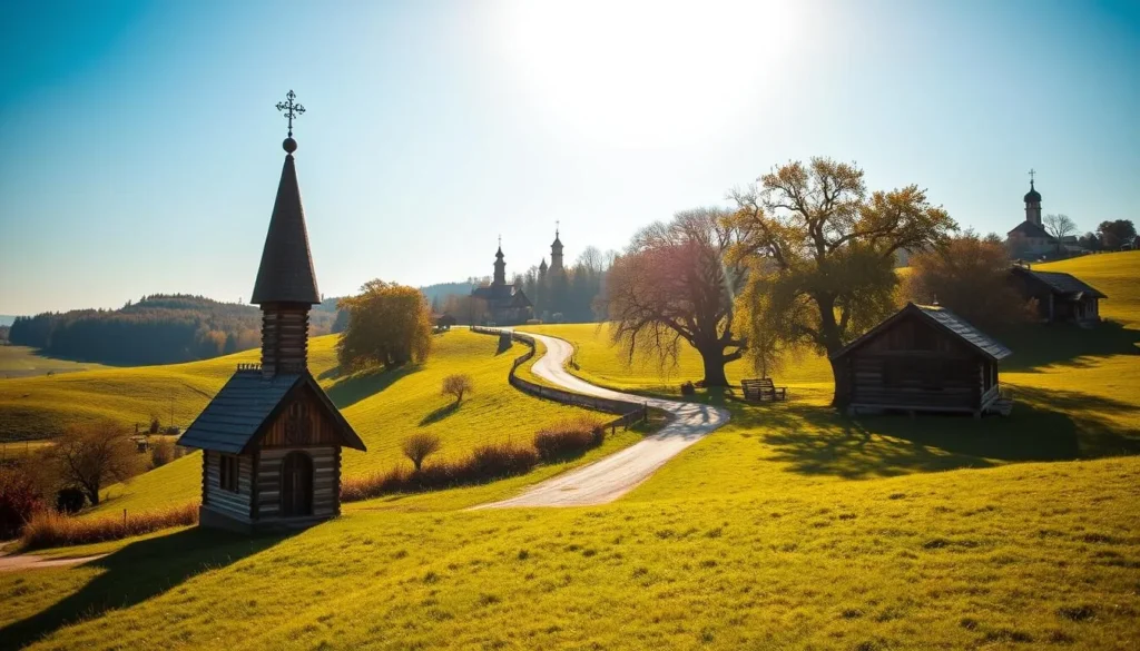 A tranquil landscape in the Maramureș region of Romania, showcasing the iconic wooden churches that dot the countryside. In the foreground, a traditional church with a tall, slender steeple and intricate wooden carvings stands amid a lush, verdant meadow. The middle ground features a winding dirt road flanked by rolling hills and clusters of ancient oak trees. In the distance, the silhouettes of additional wooden churches emerge, their distinctive roofs and spires reaching towards a bright, azure sky. Warm, golden sunlight filters through the scene, casting a serene, timeless atmosphere. The overall composition conveys the rustic charm and enduring heritage of this picturesque region.