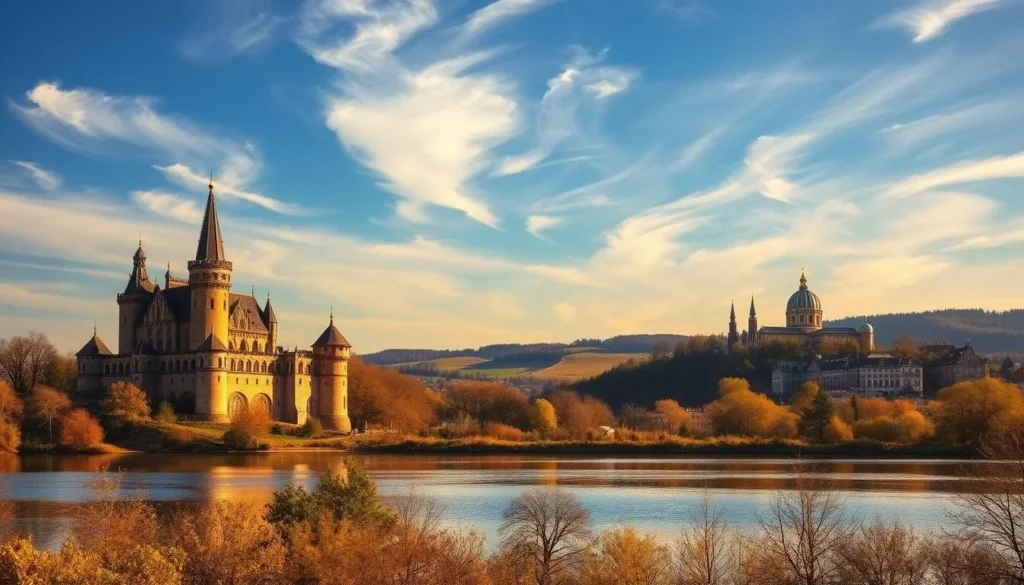 A tranquil landscape of historic landmarks and natural wonders, bathed in warm, golden light. In the foreground, a majestic medieval castle stands tall, its towers and spires reflecting in a still, glimmering lake. Behind it, rolling hills and lush forests stretch out, dotted with the iconic domes and steeples of a UNESCO World Heritage site. The sky is a brilliant azure, with wispy clouds drifting overhead, casting gentle shadows across the scene. The overall atmosphere is one of peaceful contemplation, inviting the viewer to explore the rich cultural heritage and stunning natural beauty of this remarkable location.