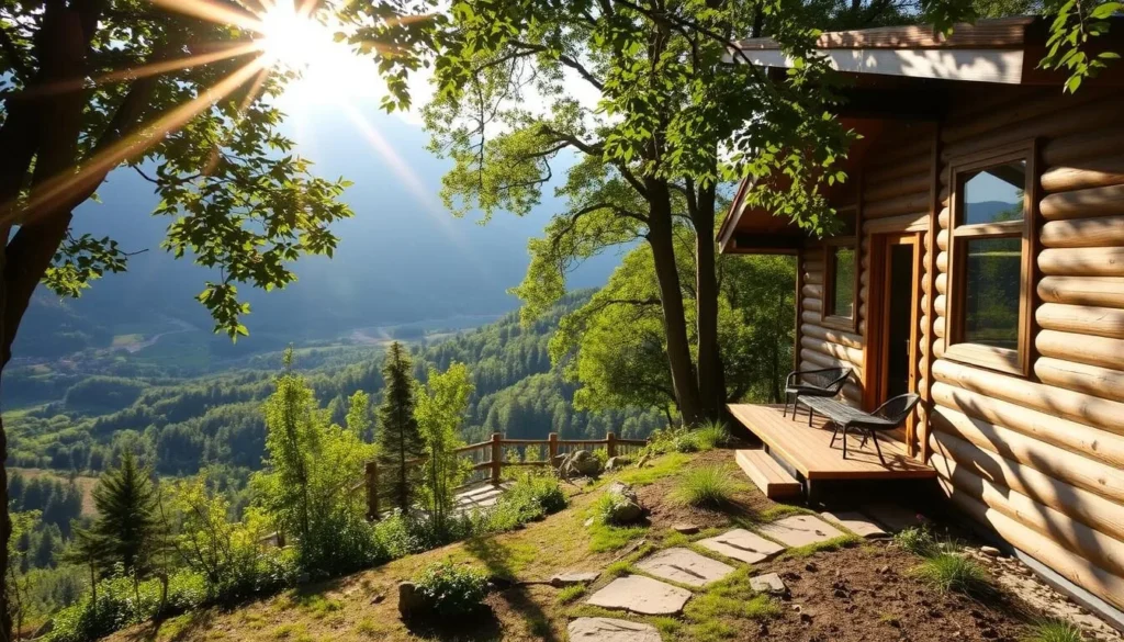 A tranquil mountain retreat nestled in the lush greenery of the Central Balkan National Park, Bulgaria. A cozy eco-hut with a wooden exterior and large windows overlooking a picturesque valley. Sunlight filters through the trees, casting a warm glow on the natural surroundings. In the foreground, a small path leads to the hut's entrance, inviting visitors to explore the serene setting. The middle ground features a well-maintained garden with native flora, while the background showcases the rolling hills and rugged peaks of the Balkan mountain range. An idyllic scene that captures the essence of a peaceful getaway amidst the breathtaking landscapes of Central Balkan.