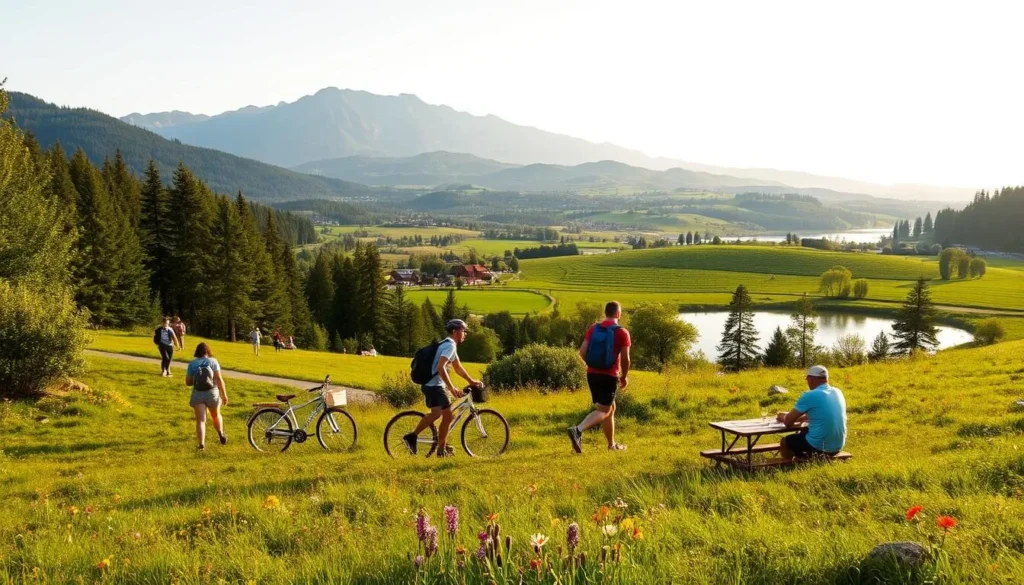 A tranquil outdoor scene in the picturesque countryside surrounding Pitesti, Romania. The foreground showcases a group of friends enjoying various activities - hiking along a winding forest trail, cycling on a scenic bike path, and picnicking on a lush green meadow. The middle ground features rolling hills dotted with vibrant wildflowers and framed by a serene lake. In the background, a majestic mountain range rises, bathed in warm, golden afternoon sunlight. The composition evokes a sense of peace, adventure, and appreciation for the natural beauty of the region.
