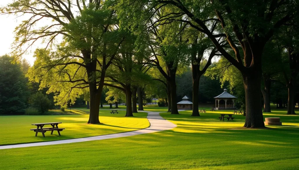 A tranquil park scene in the Körös-Maros National Park, Hungary. A picturesque landscape with lush greenery, towering trees, and a winding path leading through the serene natural setting. Soft, warm sunlight filters through the canopy, casting a golden glow over the scene. In the foreground, a well-maintained lawn invites visitors to relax and enjoy the peaceful atmosphere. Scattered throughout the park, benches and picnic tables offer comfortable spots to take in the beauty of the surroundings. In the distance, a charming gazebo or pavilion adds architectural interest, hinting at the potential for additional amenities nearby. An overall sense of tranquility and rejuvenation pervades the image, making it an ideal location for a relaxing stay.