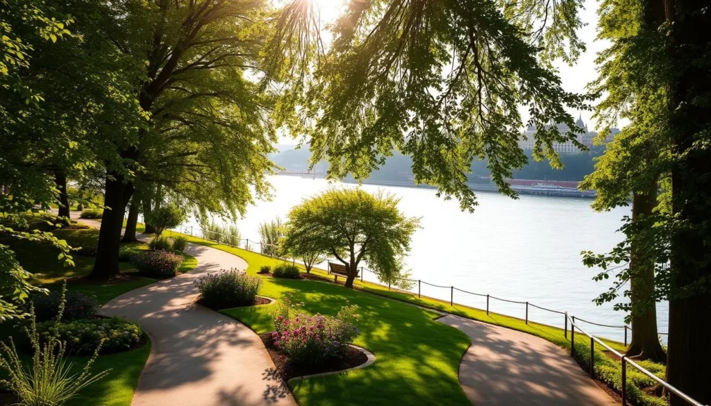 A tranquil riverside walk along the banks of the Danube in Győr, Hungary. Sunlight filters through the lush, verdant trees, casting a warm, golden glow across the scene. In the foreground, a winding path invites visitors to stroll leisurely, taking in the serene atmosphere. Flanking the path are well-manicured gardens, their vibrant flowers adding pops of color. In the middle ground, the smooth, glistening waters of the Danube river flow gently, reflecting the surrounding greenery. In the distance, the historic architecture of Győr's city center can be seen, creating a picturesque backdrop to this peaceful riverside retreat. A tranquil riverside walk along the banks of the Danube in Győr, Hungary. Sunlight filters through the lush, verdant trees, casting a warm, golden glow across the scene. In the foreground, a winding path invites visitors to stroll leisurely, taking in the serene atmosphere. Flanking the path are well-manicured gardens, their vibrant flowers adding pops of color. In the middle ground, the smooth, glistening waters of the Danube river flow gently, reflecting the surrounding greenery. In the distance, the historic architecture of Győr's city center can be seen, creating a picturesque backdrop to this peaceful riverside retreat.