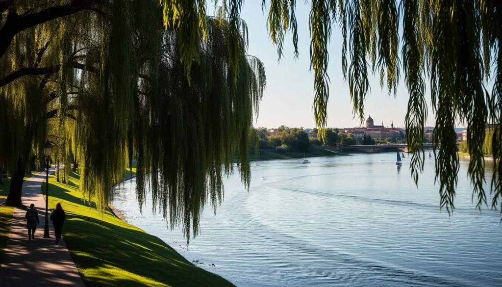 A tranquil scene along the Tisza River in Szolnok, Hungary. The wide, gently flowing waterway is surrounded by lush, verdant banks dotted with towering willow trees. In the foreground, people leisurely stroll along the riverside promenade, taking in the serene atmosphere. Sunlight filters through the branches, casting a warm, golden glow over the scene. Sailboats and small pleasure craft drift across the mirrored surface of the river, creating a sense of peaceful, unhurried activity. The distant cityscape of Szolnok rises up in the background, its historic buildings and modern architecture blending harmoniously with the natural landscape. An idyllic and inviting riverside setting, perfect for a leisurely afternoon spent enjoying the beauty of the Tisza.