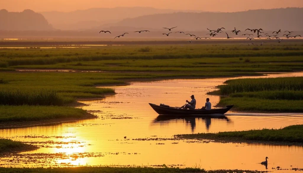 A tranquil scene in the Danube Delta, Romania, during the peak season for wildlife and scenic beauty. Lush green marshlands stretch out, dotted with meandering waterways and tall reeds swaying in a gentle breeze. A traditional wooden boat drifts serenely, its passengers silhouetted against the warm, golden light of an afternoon sun. In the distance, a flock of birds take flight, their graceful forms reflected in the calm, mirror-like surface of the water. The overall atmosphere evokes a sense of peaceful solitude and the wonders of the natural world.