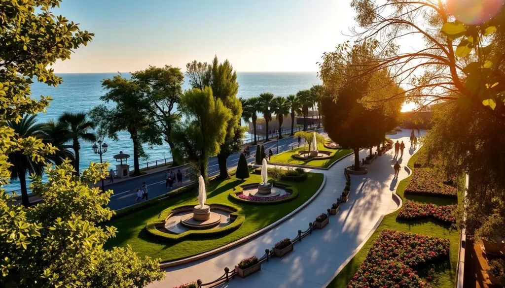 A tranquil sea garden along the Varna coastline, with lush greenery and blooming flowers lining a winding promenade. Sunlight filters through the trees, casting a warm, golden glow over the scene. In the foreground, people stroll leisurely, enjoying the peaceful atmosphere. The middle ground features ornate fountains and meticulously manicured flower beds, while the background showcases the glistening Black Sea and the distant horizon. Capture the essence of a picturesque seaside retreat, where nature and urban life coexist in perfect harmony.