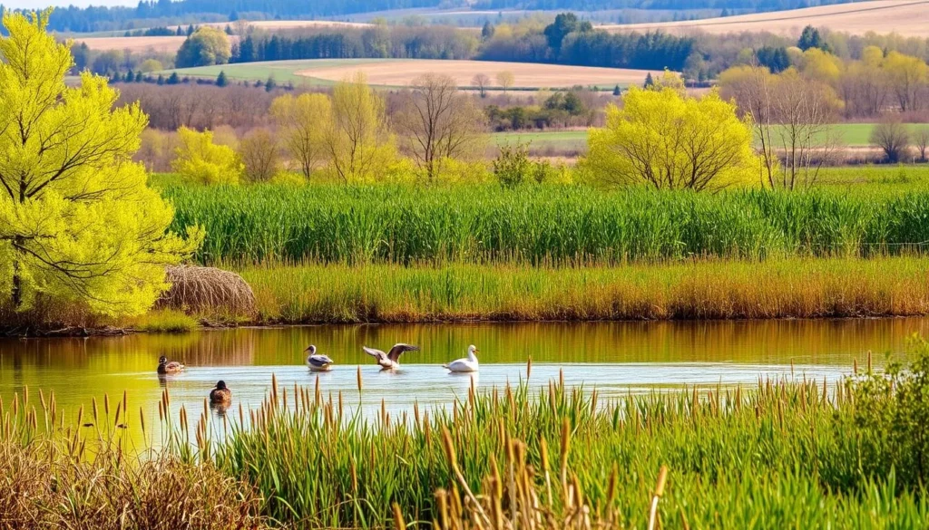A tranquil springtime wetland scene with lush vegetation and vibrant birdlife. In the foreground, a placid pond reflects the surrounding trees and shrubs, their fresh green foliage swaying gently in the warm breeze. A flock of colorful waterfowl, such as ducks and herons, gracefully glide across the water's surface. The middle ground features a dense thicket of reeds and cattails, providing a lush habitat for songbirds and other wetland creatures. In the distant background, rolling hills covered in a patchwork of meadows and forests frame the serene landscape, bathed in the soft, golden light of an early spring day.