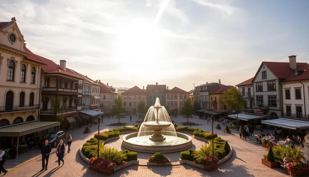 A tranquil town square in Pazardzhik, Bulgaria, basking in the warm glow of a golden afternoon sun. Quaint, historical buildings line the periphery, their facades adorned with intricate architectural details. In the center, a grand fountain cascades, surrounded by lush greenery and vibrant flower beds. Locals and visitors alike stroll leisurely, pausing to admire the scenery or gather at nearby cafes. Soft, diffused lighting filters through wispy clouds, creating a serene, timeless atmosphere. Capture the essence of Pazardzhik's best attractions in this picturesque town square scene.