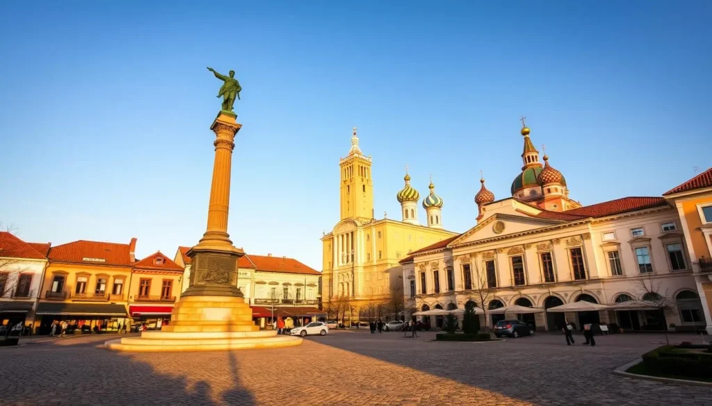 A tranquil town square in Pleven, Bulgaria, bathed in warm afternoon sunlight. In the foreground, a cobblestone path leads past a row of charming 19th-century buildings, their facades adorned with intricate architectural details. In the middle ground, a towering monument stands tall, its bronze figure overlooking the bustling scene. The background is dominated by a majestic cathedral, its onion-shaped domes and spires reflecting the sky's brilliant blue hues. The overall atmosphere evokes a sense of timeless heritage and cultural vibrancy, inviting the viewer to explore Pleven's captivating history.