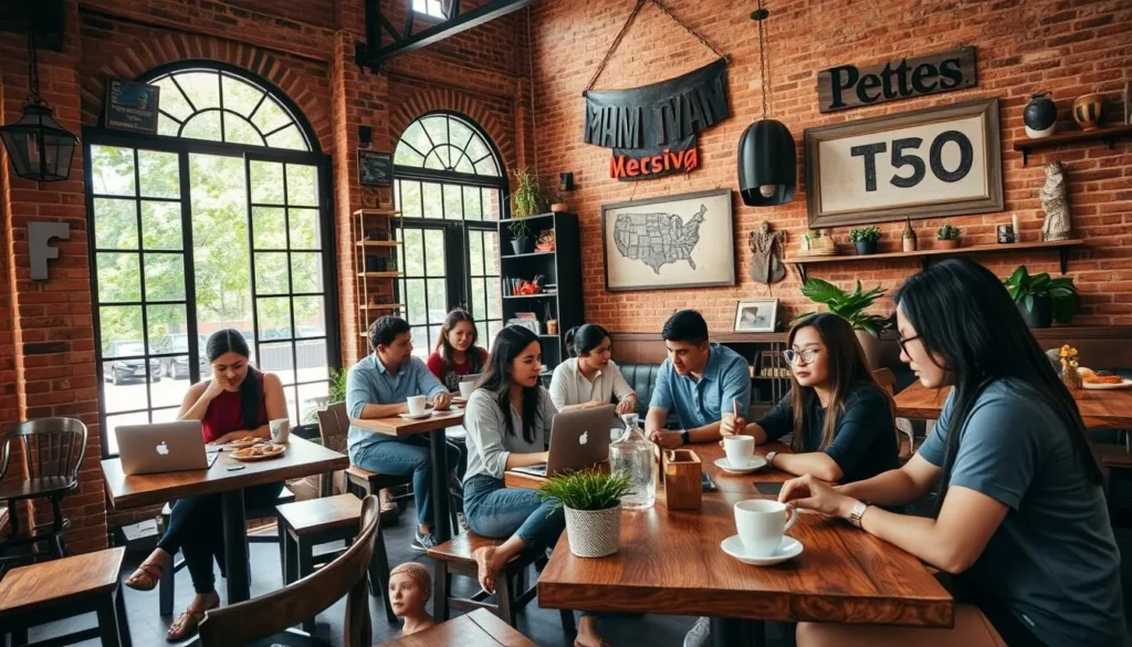 A traveler enjoying coffee at a stylish cafe in a repurposed colonial building in Savannakhet