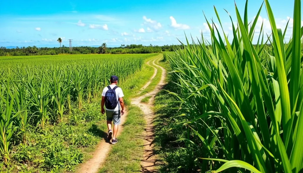 A traveler exploring the sugarcane fields outside Orange Walk Town, showcasing the agricultural landscape that gives the region its 'Sugar City' nickname A traveler exploring the sugarcane fields outside Orange Walk Town, showcasing the agricultural landscape that gives the region its 'Sugar City' nickname