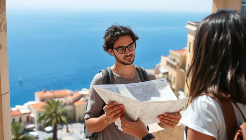 A traveler using a map to navigate Menton's Old Town with the Mediterranean Sea visible in the background