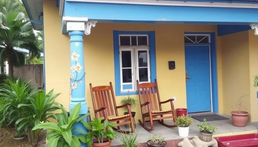 A typical casa particular in Nuevitas with colorful facade and rocking chairs on the porch