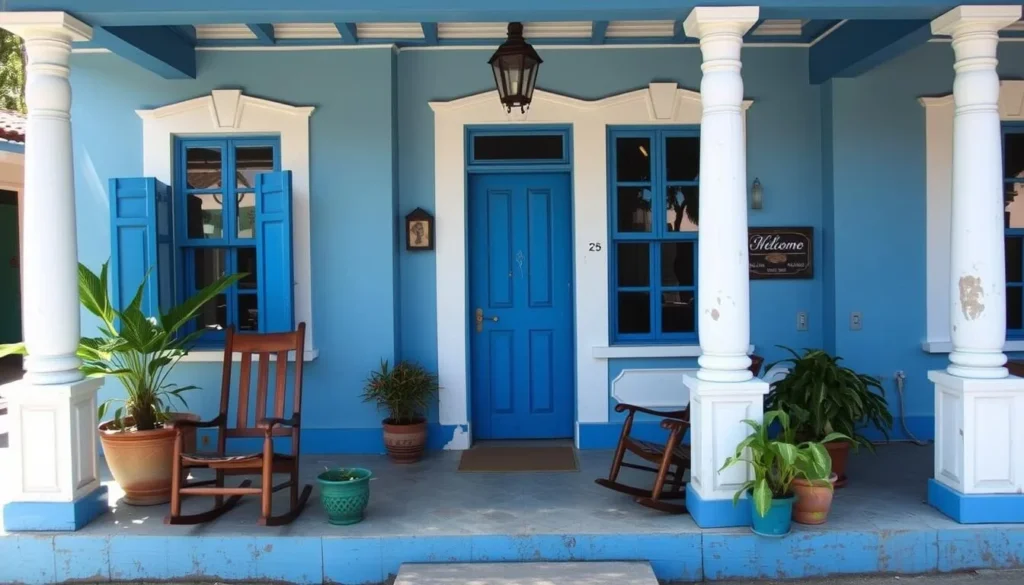 A typical casa particular (private homestay) in Banes, Cuba with colorful facade and rocking chairs on the porch