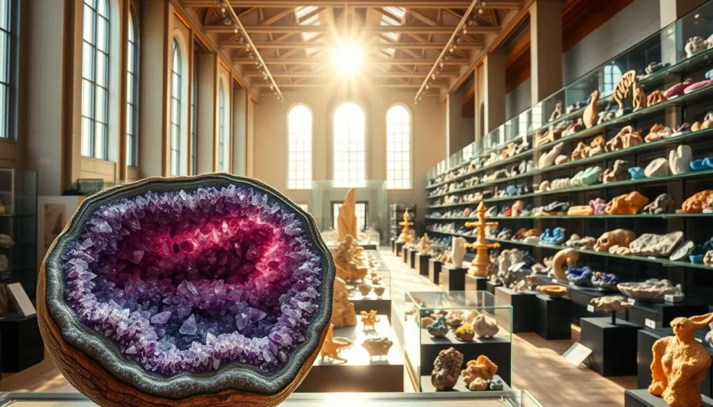 A vast, airy museum gallery filled with sparkling mineral specimens. Sunlight streams through tall windows, casting warm light on the carefully curated displays. In the foreground, a stunning geode filled with amethyst crystals takes center stage, its vibrant hues and intricate formations mesmerizing the visitor. In the middle ground, glass cases house an array of colorful rocks, fossils, and gemstones, each one a unique work of natural art. The background features towering shelves lined with meticulously arranged minerals, their surfaces gleaming under the soft illumination. An atmosphere of wonder and discovery pervades the space, inviting the viewer to explore the remarkable treasures of the earth.