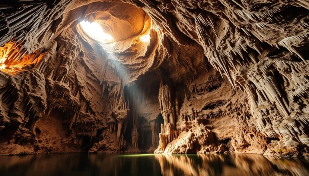 A vast, cavernous chamber, the Ialomiței Cave in Romania's Bucegi National Park, its walls carved by millennia of flowing water. Sunlight streams in through a high natural window, illuminating the intricate rock formations - towering stalactites, glistening stalagmites, and sinuous curtains of calcite. In the foreground, a serene underground lake reflects the stunning natural architecture. The air is cool and damp, heightening the sense of exploration and discovery. Capture the grandeur and mystery of this subterranean wonder, showcasing its awe-inspiring beauty in crisp, cinematic detail.