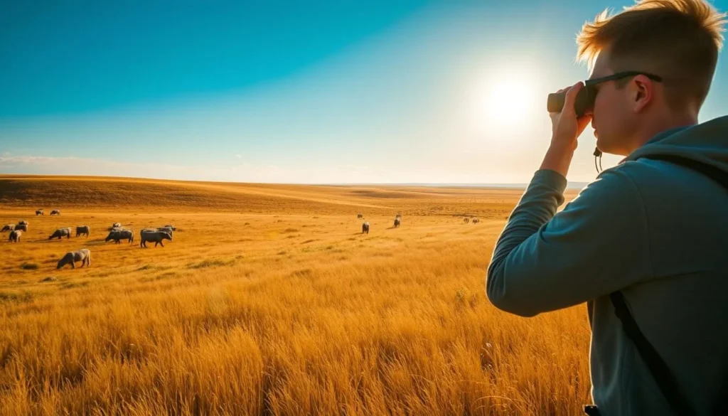 A vast expanse of golden grasses and wildflowers stretches out beneath a cloudless azure sky. In the distance, a small herd of Hungarian gray cattle grazes, their gentle movements punctuating the tranquil scene. The sun casts a warm, golden glow, illuminating the delicate textures of the undulating terrain. In the foreground, a birdwatcher armed with binoculars scans the horizon, their keen eyes searching for the vibrant plumage of the native avian species that thrive in this iconic Hungarian puszta landscape. The serene, timeless atmosphere invites the viewer to immerse themselves in the untamed beauty of the upper Kiskunság steppe.