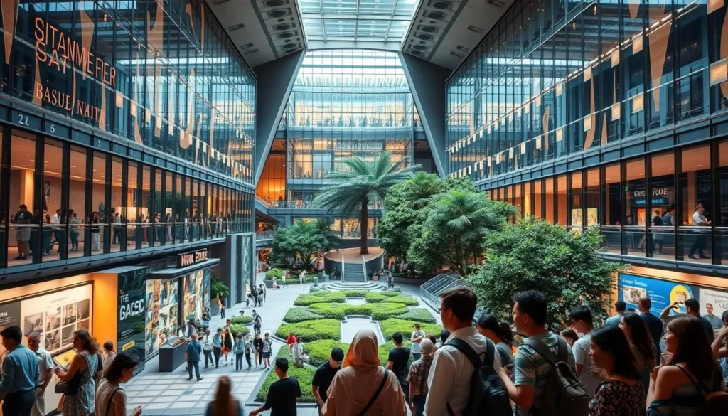 A vast, interactive museum with towering glass facades showcasing diverse exhibits. The foreground features a group of visitors immersed in hands-on interactive displays, their faces alight with curiosity. The middle ground boasts a grand, modern atrium with sleek, angular architecture and natural light filtering through. In the background, a lush, verdant courtyard provides a serene oasis, complementing the dynamic energy of the museum. The scene is illuminated by warm, diffused lighting, creating a welcoming and inviting atmosphere. Capture the essence of a world-class cultural institution that inspires and educates.