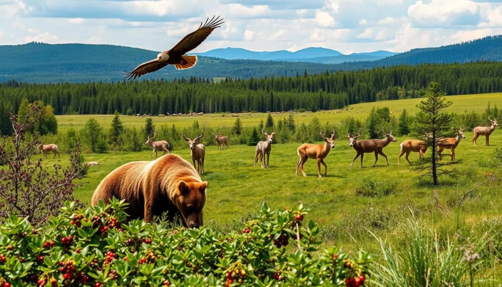 A vast wilderness landscape in Defileul Jiului National Park, Romania, on a warm, sunny day. In the foreground, a majestic brown bear forages for berries, its powerful movements captured in striking detail. In the middle ground, a pack of gray wolves cautiously observes the scene, their keen eyes scanning the undergrowth. Further back, a herd of graceful red deer graze peacefully, their antlers silhouetted against the lush, verdant backdrop. Soaring high above, a magnificent golden eagle glides effortlessly on the thermal currents, surveying the diverse array of wildlife below through its keen raptor's gaze. The overall scene exudes a sense of tranquility and harmony, showcasing the rich biodiversity of this Romanian wilderness.