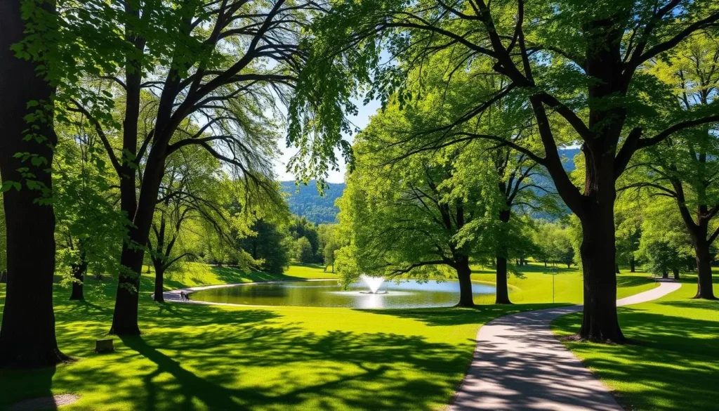 A verdant park in Veszprem, Hungary, bathed in warm sunlight. In the foreground, a meandering path flanked by lush, vibrant greenery invites visitors to stroll through the tranquil landscape. Towering trees cast dappled shadows, creating an atmosphere of serene relaxation. In the middle ground, a small lake reflects the azure sky, its surface dotted with graceful waterfowl. Beyond, rolling hills rise up, capped with flourishing foliage that blends seamlessly with the horizon. The scene evokes a sense of peaceful escapism, perfect for those seeking a respite from the urban bustle.