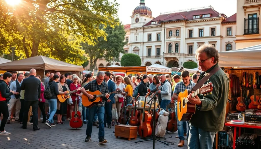 A vibrant and bustling music scene unfolds in the heart of Veszprem, a UNESCO City of Music. In the foreground, a talented street performer captivates the crowd with their soulful guitar playing, creating a lively and energetic atmosphere. The middle ground showcases a colorful array of local vendors, selling handcrafted instruments and musical memorabilia, while in the background, the historic architecture of the city provides a picturesque setting. Warm sunlight filters through the trees, casting a golden glow over the entire scene and adding to the warm and inviting ambiance. The overall mood is one of cultural celebration, where music and the arts are woven into the fabric of the community.