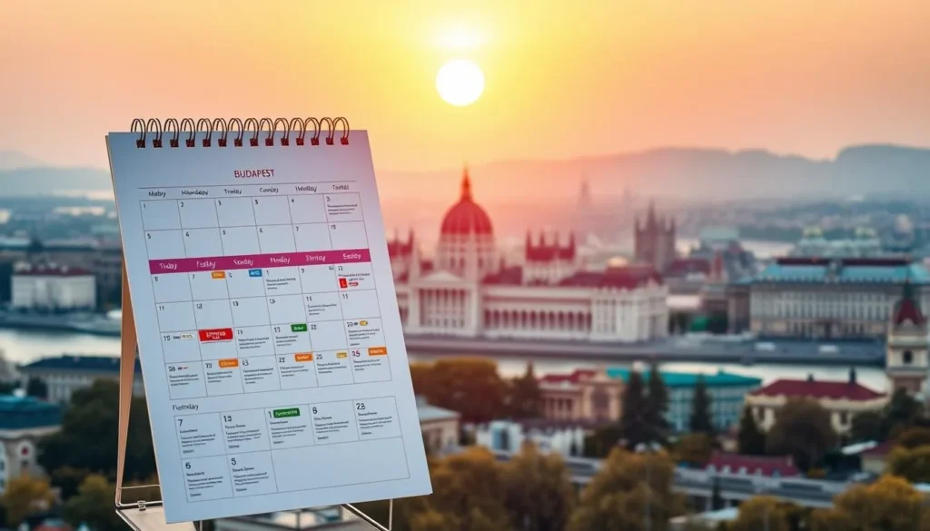 A vibrant and meticulously designed festival planning calendar, set against the backdrop of a sun-dappled cityscape. In the foreground, a sleek and modern calendar layout with distinct sections for various festivals, each denoted by colorful icons and a crisp, clean aesthetic. The middle ground features the iconic landmarks of Budapest, including the majestic Hungarian Parliament Building and the picturesque Danube River, all bathed in a warm, golden light. In the background, a hazy, atmospheric rendering of the city's skyline, creating a sense of depth and setting the scene for the festival-themed calendar. The overall composition conveys a sense of organization, attention to detail, and the vibrant cultural offerings of Budapest.