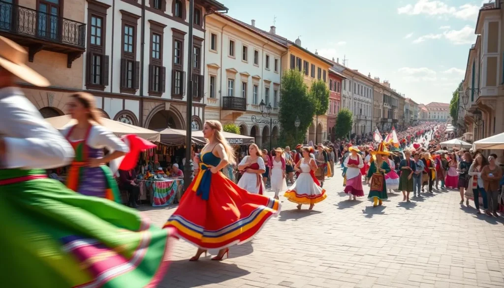 A vibrant celebration of Romanian culture unfolds in a lively town square. In the foreground, colorfully dressed performers dance and twirl, their movement captured in a dynamic blur. The middle ground showcases traditional craft stalls, where artisans sell handmade wares against a backdrop of historic buildings. In the distance, a parade of festive floats and costumed revelers winds through the streets, bathed in the warm glow of a sun-dappled afternoon. The atmosphere radiates joy, community, and a deep appreciation for the rich tapestry of Bistrita's cultural heritage.