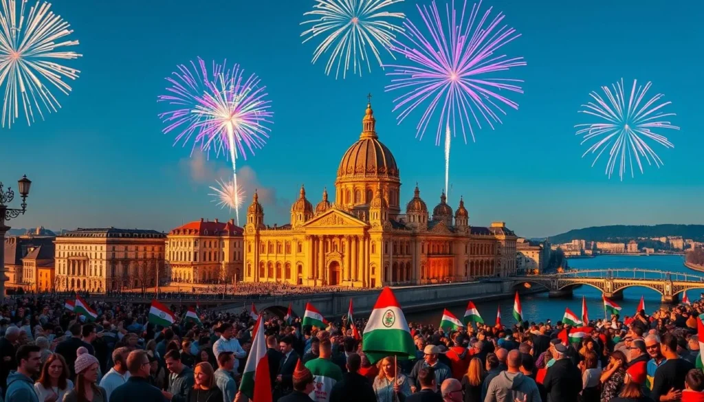 A vibrant, celebratory scene in the heart of Budapest on St. Stephen's Day. In the foreground, a lively crowd gathers, dressed in festive attire, carrying flags and banners adorned with the Hungarian crest. The middle ground features the majestic St. Stephen's Basilica, its ornate facade bathed in warm, golden light, reflecting the joyous atmosphere. In the background, the Danube River winds through the city, its waters shimmering under a clear, azure sky. Colorful fireworks burst overhead, illuminating the scene with a dazzling display of light and energy. The overall mood is one of national pride, celebration, and the vibrant spirit of the Hungarian people.