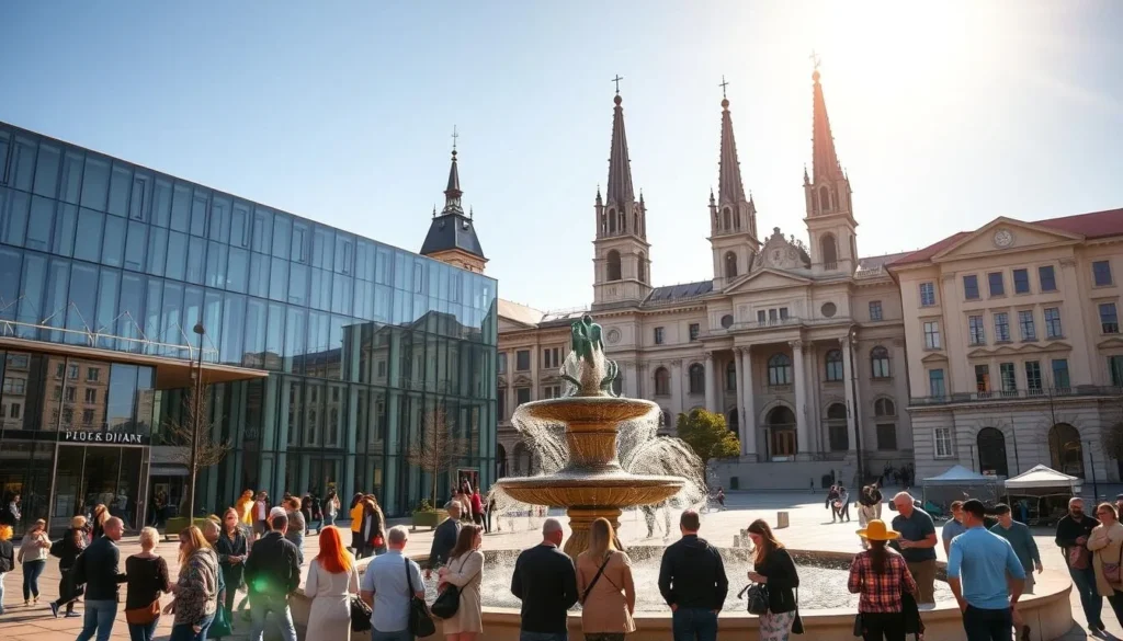 A vibrant city square in Dunaújváros, Hungary, bathed in warm afternoon sunlight. In the foreground, a group of locals and visitors gather around an ornate fountain, engaged in lively conversation. The middle ground features a striking modernist art gallery, its sleek facade reflecting the surrounding architecture. In the background, a historic museum stands tall, its ornate facade and towering spires a testament to the city's rich cultural heritage. The scene is filled with a sense of community and appreciation for the arts, capturing the essence of Dunaújváros' thriving cultural landscape. A vibrant city square in Dunaújváros, Hungary, bathed in warm afternoon sunlight. In the foreground, a group of locals and visitors gather around an ornate fountain, engaged in lively conversation. The middle ground features a striking modernist art gallery, its sleek facade reflecting the surrounding architecture. In the background, a historic museum stands tall, its ornate facade and towering spires a testament to the city's rich cultural heritage. The scene is filled with a sense of community and appreciation for the arts, capturing the essence of Dunaújváros' thriving cultural landscape.