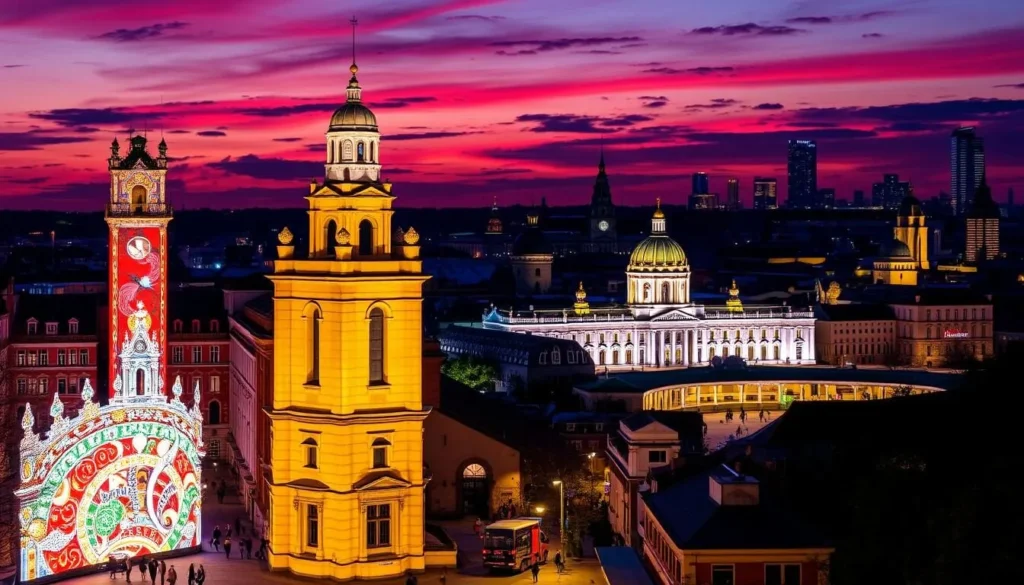 A vibrant cityscape at dusk, the iconic architecture of Bucharest's Old Town bathed in the warm glow of the Bucharest International Light Festival. Towering structures are adorned with mesmerizing light displays, their facades transformed into canvases of color and shadow. In the foreground, a lively street scene with pedestrians strolling amidst the illuminated installations, creating a captivating interplay of light and human activity. The mid-ground features the iconic Palace of the Parliament, its grandeur accentuated by the intricate lighting design. The background showcases the city's skyline, with the gleaming silhouettes of skyscrapers and historic landmarks set against a deep, vibrant sky. The overall composition evokes a sense of wonder, celebration, and the city's unique fusion of tradition and modernity.