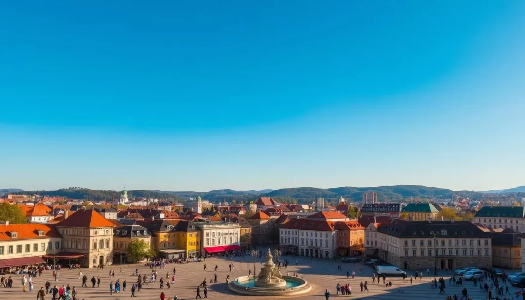 A vibrant cityscape in Tatabánya, Hungary, set against a clear azure sky. In the foreground, a bustling town square teeming with locals and tourists engaged in a variety of activities - some strolling leisurely, others browsing quaint shops and street stalls, children playing in a central fountain. The middle ground reveals a mix of historic architecture and modern high-rises, their facades bathed in warm, golden sunlight. In the background, rolling hills and lush forests provide a serene natural backdrop, hinting at the diverse outdoor adventures awaiting the visitor. Capture the energy, culture, and picturesque setting that make Tatabánya an ideal destination for a well-rounded getaway.