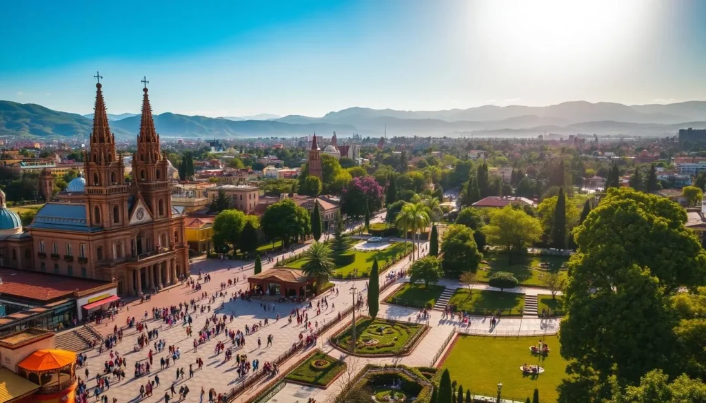A vibrant cityscape of Capiata, Paraguay, under a warm, golden sun. In the foreground, a bustling town square with people strolling, browsing local markets, and enjoying outdoor cafes. Towering cathedrals and historic buildings line the streets, their intricate architecture bathed in soft, diffused light. In the middle ground, lush, verdant parks and gardens provide a serene respite, with families picnicking and children playing. The background features the rolling hills and distant mountains that frame the city, creating a picturesque, idyllic setting. Capture the vibrant energy, rich cultural heritage, and natural beauty that define the top attractions of Capiata, Paraguay.