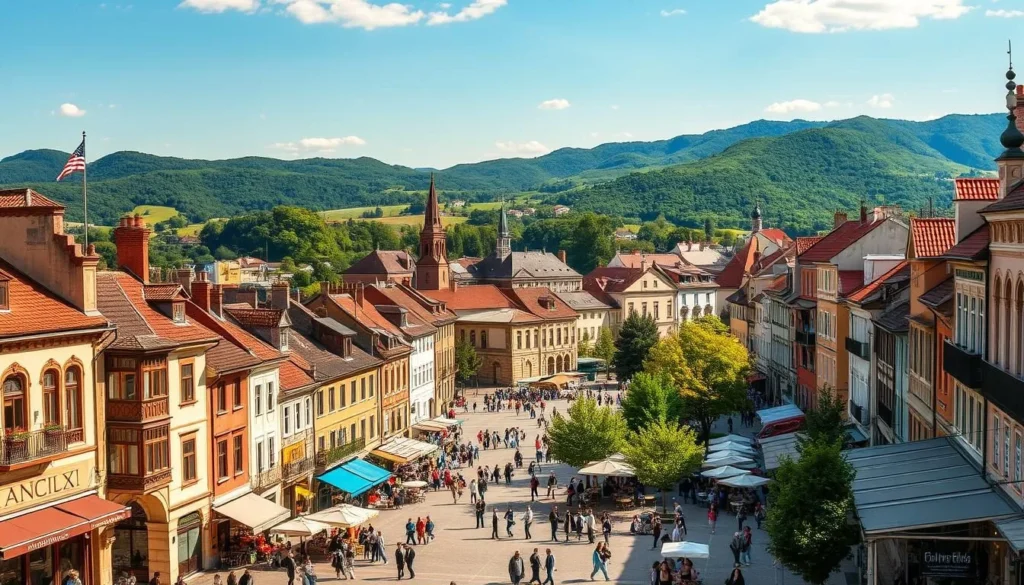 A vibrant cityscape of Kaposvár, Hungary on a sun-dappled day. In the foreground, charming historic buildings line the bustling streets, their facades adorned with colorful awnings and intricate architectural details. In the middle ground, a picturesque town square comes alive with locals and visitors strolling, dining at cozy cafes, and browsing the stalls of a lively open-air market. In the background, lush green hills and the majestic Mecsek Mountains provide a stunning natural backdrop, creating a harmonious blend of urban and rural elements. Warm, golden lighting bathes the scene, evoking a welcoming and vibrant atmosphere.