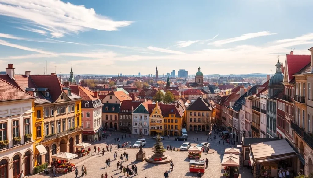 A vibrant cityscape of Kecskemét, Hungary, on a pleasant spring day. In the foreground, a bustling central square filled with charming historical buildings, locals strolling, and street vendors offering fresh produce. The middle ground reveals a maze of narrow cobblestone streets lined with colorful facades, with church spires and domes peeking through. In the background, the city's modern skyline rises, a harmonious blend of old and new architecture. Warm sunlight filters through wispy clouds, casting a golden glow over the scene. The atmosphere is one of tranquility and timeless elegance, inviting the viewer to immerse themselves in the unique character of Kecskemét.