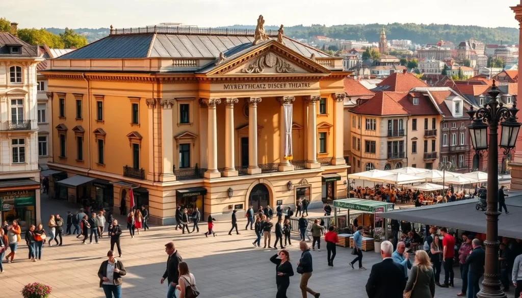A vibrant cityscape of Nyíregyháza, Hungary, showcasing the architectural grandeur of the Móricz Zsigmond Theatre. In the foreground, a bustling plaza with people strolling, browsing local shops, and dining al fresco at cozy cafes. The theatre's neo-Renaissance facade commands attention, its elegant columns and ornate details bathed in warm, golden light. In the middle ground, the city's cultural pulse is palpable, with street performers, artists, and locals engaged in lively conversations. The background gently fades into the cityscape, revealing charming residential buildings and the vibrant energy of this Hungarian cultural hub on a picturesque, sun-dappled day.