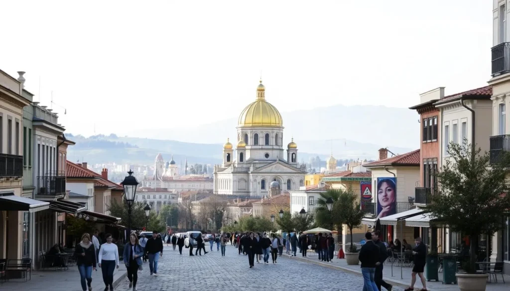 A vibrant cityscape of Sofia, the capital of Bulgaria, on a pleasant day. In the foreground, people stroll along a cobblestone street lined with charming cafes and historic buildings. In the middle ground, the iconic golden-domed Alexander Nevsky Cathedral stands tall, its Byzantine-style architecture casting a warm glow under the soft, natural lighting. In the background, rolling hills and distant mountains create a picturesque backdrop, hinting at the rich cultural heritage and natural beauty that surround this dynamic urban center. The scene exudes a sense of cultural vibrancy, inviting the viewer to explore the enchanting atmosphere of Sofia.
