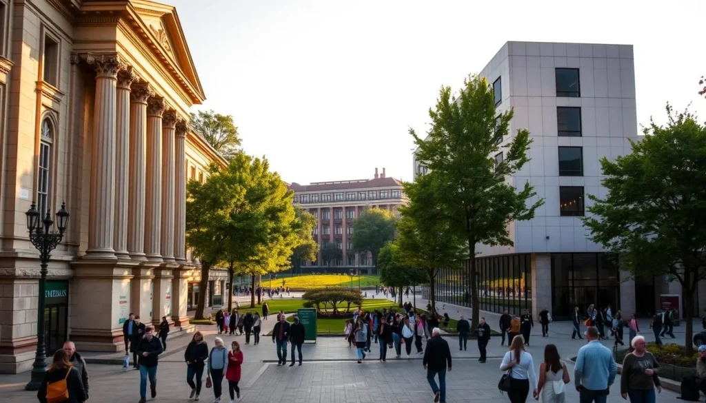 A vibrant cityscape showcasing the cultural heart of Nyíregyháza, Hungary. In the foreground, the grand facade of the Váci Mihály Cultural Center stands tall, its neoclassical architecture bathed in warm, golden sunlight. In the middle ground, the Bartók Béla Cultural Center emerges, a modernist structure with clean lines and sharp angles. In the background, a lush park frames the scene, its trees and greenery creating a serene, inviting atmosphere. The streets are alive with people strolling, conversing, and soaking in the rich literary and artistic heritage of this dynamic city. Capture the essence of Nyíregyháza's cultural centers and the spirit of the community that thrives within.