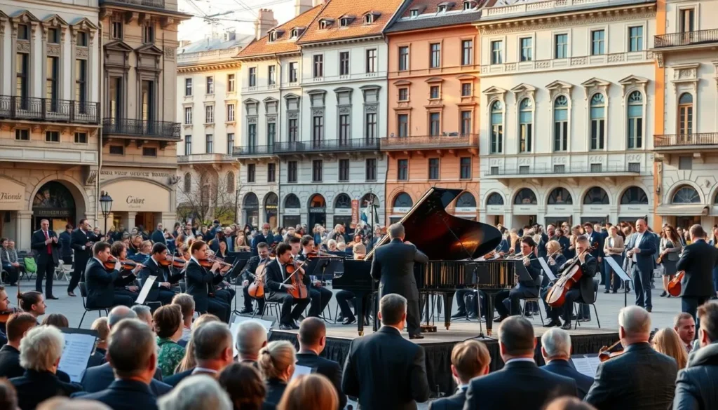 A vibrant classical music performance in a picturesque Hungarian square. In the foreground, a grand piano sits atop a raised stage, surrounded by a symphony orchestra in formal attire. Elegant musicians play their instruments with passion, their movements graceful and precise. The middle ground features an audience of smartly dressed concertgoers, captivated by the mesmerizing melodies. In the background, the facades of historic buildings frame the scene, their ornate architecture bathed in warm, golden sunlight. A serene, spring-like atmosphere pervades the setting, with people strolling through the square and enjoying the cultural festivities.
