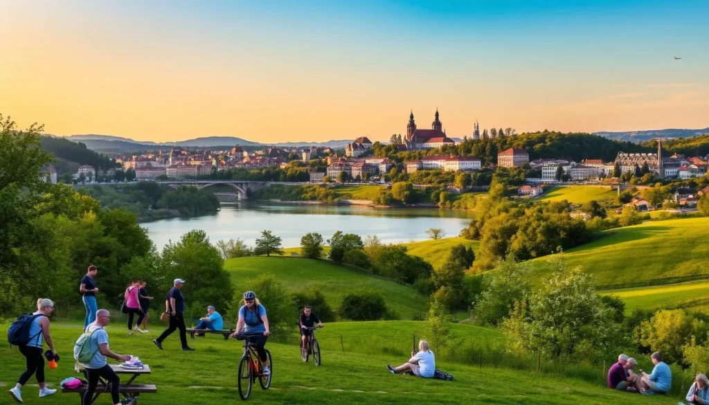 A vibrant day in the picturesque city of Tatabánya, Hungary. In the foreground, people enjoy outdoor activities like hiking, cycling, and picnicking amidst lush greenery and rolling hills. The middle ground features a scenic lake or reservoir, its calm waters reflecting the surrounding landscape. In the background, the skyline is punctuated by the silhouettes of historic buildings and architectural landmarks, bathed in warm, golden-hour lighting. An atmosphere of tranquility and recreation permeates the scene, inviting visitors to explore the diverse offerings of this charming region.
