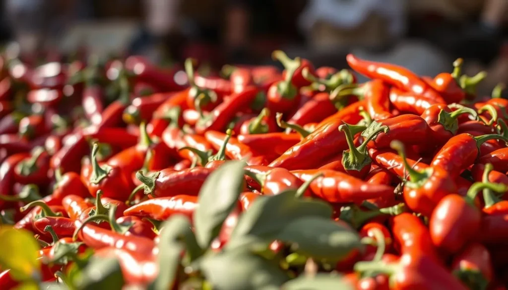 A vibrant, freshly harvested pile of paprika peppers, their crimson skins glistening in the warm sunlight. The peppers are arranged in a natural, haphazard manner, giving the impression of a casual, artisanal display. The foreground is in sharp focus, while the background is softly blurred, creating a sense of depth and drawing the viewer's eye to the beautiful peppers. The lighting is soft and diffused, casting gentle shadows and highlighting the peppers' natural contours. The overall mood is one of rustic abundance, conveying the spirit of a local Hungarian market or artisanal shop, where these flavorful souvenirs and local products can be discovered. A vibrant, freshly harvested pile of paprika peppers, their crimson skins glistening in the warm sunlight. The peppers are arranged in a natural, haphazard manner, giving the impression of a casual, artisanal display. The foreground is in sharp focus, while the background is softly blurred, creating a sense of depth and drawing the viewer's eye to the beautiful peppers. The lighting is soft and diffused, casting gentle shadows and highlighting the peppers' natural contours. The overall mood is one of rustic abundance, conveying the spirit of a local Hungarian market or artisanal shop, where these flavorful souvenirs and local products can be discovered.