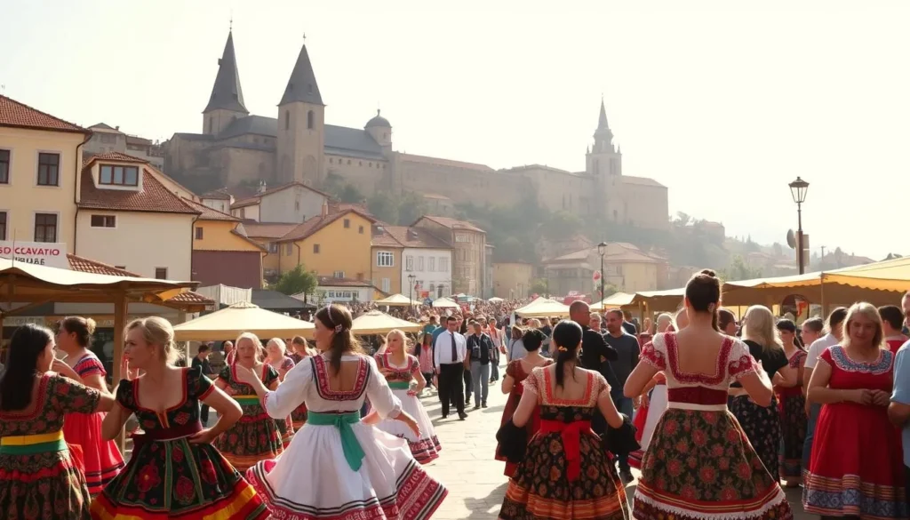 A vibrant gathering in the historic town of Veliko Tarnovo, Bulgaria, as the Varusha South festival unfolds. In the foreground, colorfully dressed dancers sway to the rhythm of traditional music, their intricate costumes and lively movements capturing the essence of the celebration. In the middle ground, a bustling marketplace showcases handcrafted wares and local delicacies, while in the background, the iconic medieval architecture of the town provides a picturesque backdrop. Warm sunlight filters through the scene, casting a golden glow and creating a sense of warmth and festivity. The overall atmosphere is one of vibrant cultural celebration, inviting viewers to immerse themselves in the joyous spirit of the Varusha South festival.