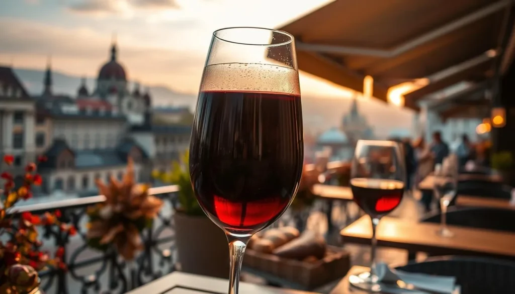 A vibrant glass of red wine, its deep crimson hue glimmering in the soft, golden-hour light that bathes a cozy outdoor cafe in Budapest. The wine's rich aroma mingles with the scents of freshly baked bread and sizzling roasted meats, creating a tantalizing atmosphere of harvest time festivities. In the background, a picturesque cityscape unfolds, with the iconic spires and domes of historic buildings casting long shadows across the cobblestone streets. The scene conveys a sense of warmth, tradition, and the joyful celebration of autumn's bounty.