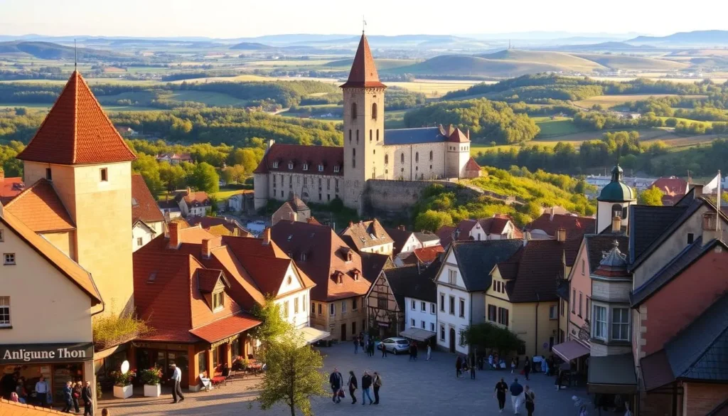 A vibrant landscape of Érd, Hungary, capturing the essence of its rich history and cultural heritage. In the foreground, a quaint village square bustles with locals and visitors, the warm sunlight casting a golden glow on the charming architecture. In the middle ground, a majestic castle stands tall, its impressive towers and turrets hinting at the region's storied past. The background is framed by rolling hills and lush greenery, with the distant horizon hinting at the tranquil beauty of the surrounding countryside. The scene exudes a sense of timelessness, inviting the viewer to immerse themselves in the captivating blend of history, culture, and small-town charm that defines Érd, Hungary.
