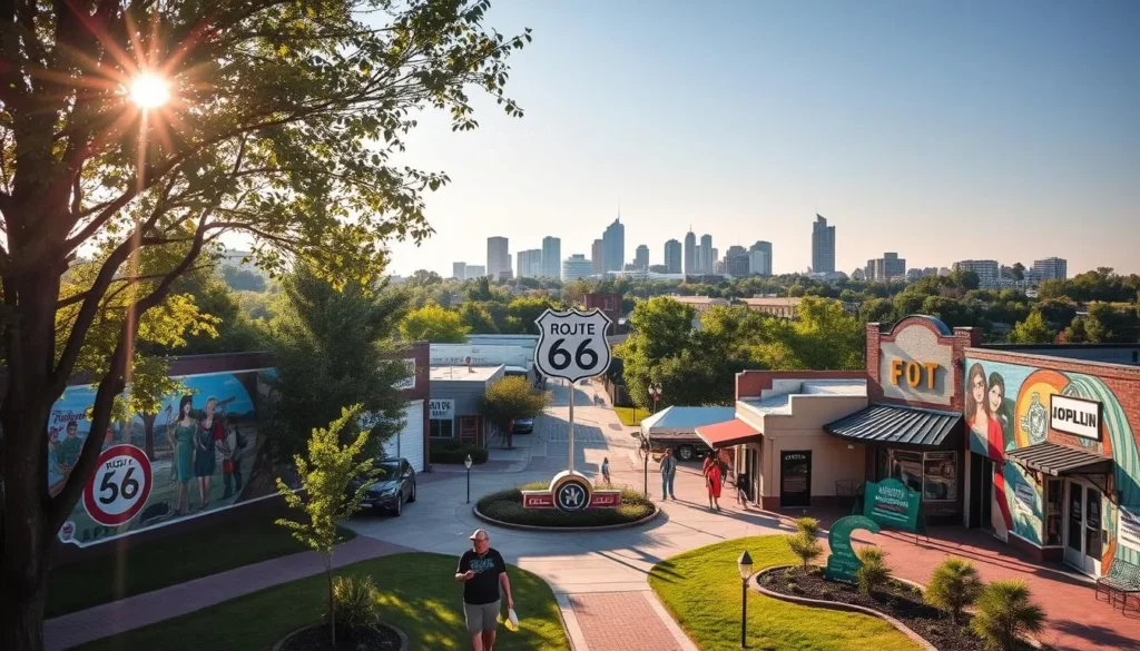 A vibrant mural-adorned park along the historic Route 66 in Joplin, Missouri. Sunlight filters through the trees, casting a warm glow over the colorful wall paintings that depict the region's culture and heritage. In the foreground, visitors stroll through the lush greenery, taking in the captivating artworks. The middle ground showcases the iconic Route 66 signage, surrounded by quaint buildings and a classic American diner. In the background, the bustling city skyline of Joplin rises, creating a perfect blend of small-town charm and urban energy. This scene captures the essence of the "Final Missouri Stop" along the legendary Route 66, showcasing the state's unique blend of history, art, and community.