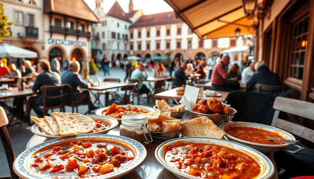 A vibrant outdoor cafe scene in Nagykanizsa, Hungary, showcasing the town's rich culinary delights. In the foreground, a table is laden with a feast of local specialties - hearty goulash, fragrant paprika chicken, and savory Langos (fried flatbread). The middle ground features patrons enjoying their meals, surrounded by the charming architecture and lively atmosphere of the town square. The background is bathed in warm, golden sunlight, casting a cozy glow over the scene. The overall mood is one of conviviality and authentic Hungarian hospitality, inviting the viewer to savor the flavors and soak in the vibrant culture of Nagykanizsa.