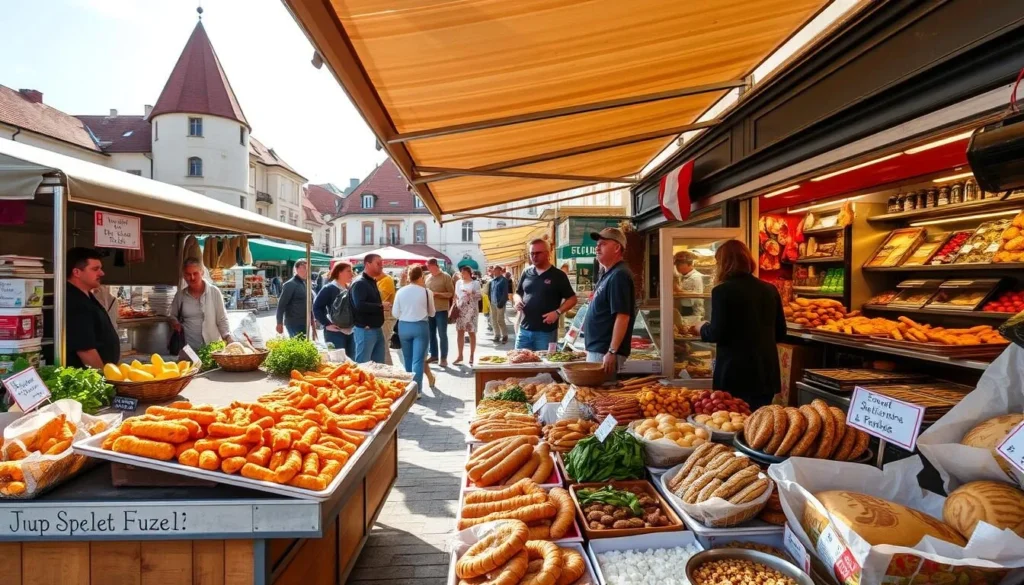A vibrant outdoor market in Kaposvár, Hungary, brimming with an array of fresh produce, artisanal breads, and fragrant spices. In the foreground, a vendor's stall showcases a mouthwatering display of local delicacies, from sizzling street food to decadent pastries. Sunlight filters through the canopies, casting a warm glow over the bustling scene. In the middle ground, patrons browse the stalls, chatting with friendly merchants and sampling the diverse culinary offerings. The background reveals the charming architecture of the city, hinting at the cozy cafes and hidden gems waiting to be discovered. An atmosphere of culinary exploration and community vibrancy permeates the setting, inviting the viewer to immerse themselves in the flavors and culture of Kaposvár.