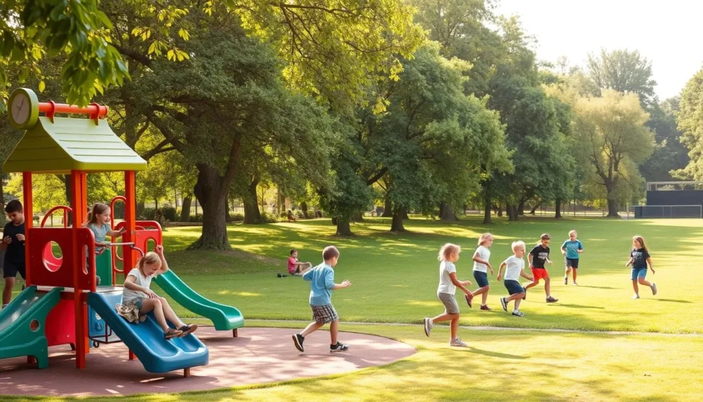 A vibrant outdoor scene in Zalaegerszeg, Hungary, showcasing a variety of kid-approved activities. In the foreground, children play on a colorful playground with slides, swings, and climbing structures, their laughter and joy palpable. In the middle ground, a group of youngsters engage in a friendly game of soccer on a well-manicured field, their energy and enthusiasm radiating. The background features a lush, verdant park with towering trees, providing a serene and inviting setting for families to explore. Warm, diffused sunlight filters through the leaves, creating a welcoming and picturesque atmosphere perfect for a day of outdoor adventure and exploration.