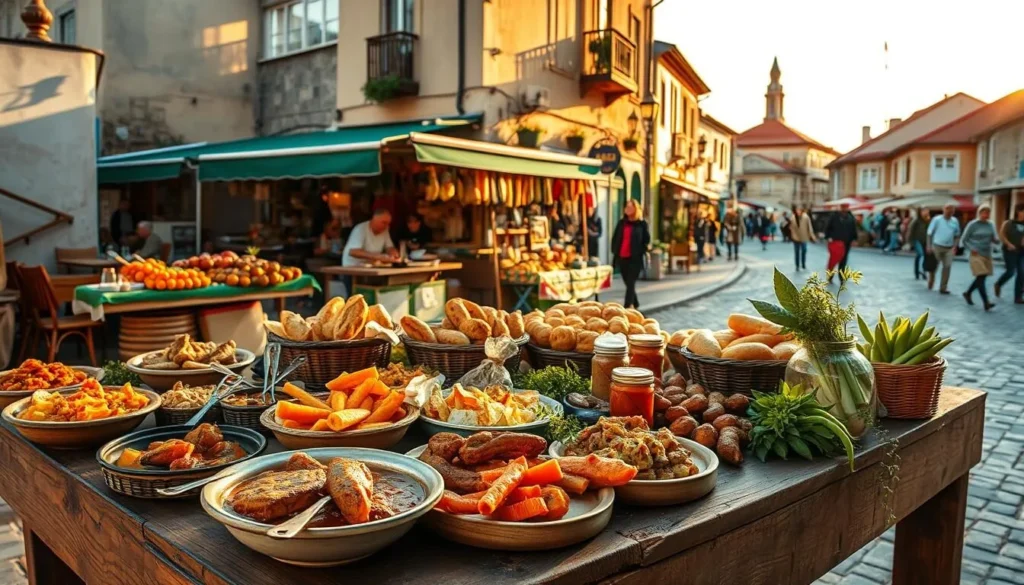 A vibrant outdoor scene showcasing the local culinary delights of Bacau, Romania. In the foreground, a bountiful display of traditional dishes - hearty stews, grilled meats, freshly baked breads, and seasonal produce artfully arranged on a rustic wooden table. The middle ground features a lively street market, with vendors selling handcrafted wares and local specialties under the warm, golden glow of the afternoon sun. In the background, a picturesque streetscape of colorful buildings and winding cobblestone lanes, capturing the charming, historic essence of the city. The overall mood is one of warmth, authenticity, and a celebration of the region's vibrant culinary heritage.