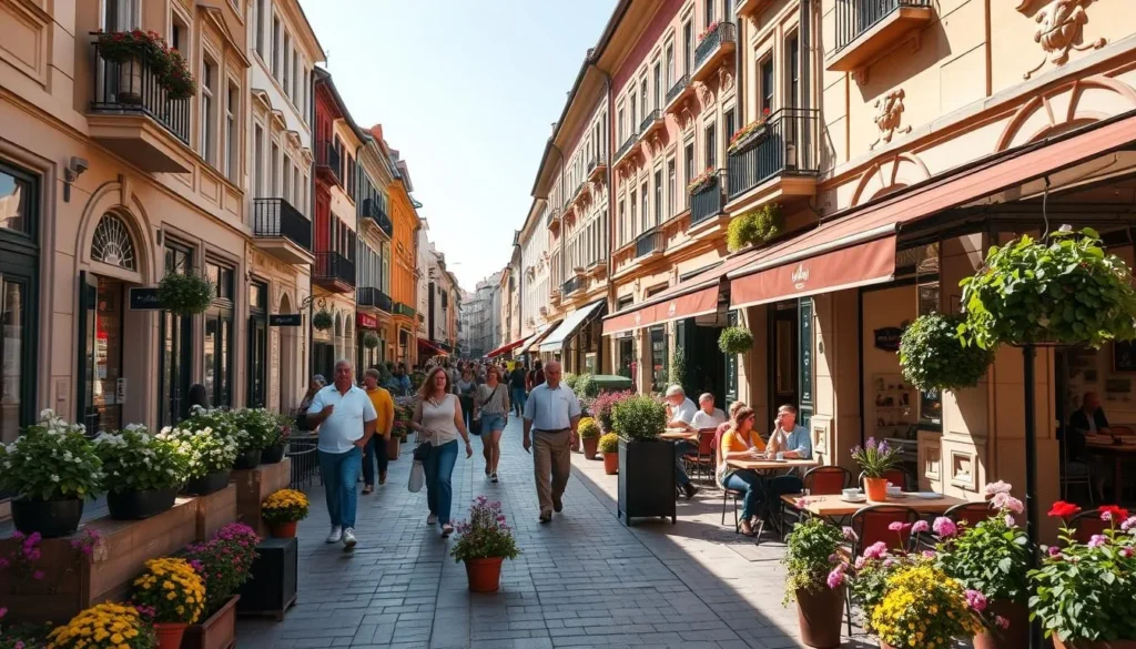 A vibrant pedestrian street in Győr, Hungary, bathed in warm sunlight. The sidewalks are lined with colorful flower boxes and potted plants, creating a charming, welcoming atmosphere. Pedestrians stroll leisurely, admiring the picturesque buildings with their ornate facades. Cafe tables spill out onto the street, where people sip coffee and enjoy the pleasant weather. The scene is captured with a wide-angle lens, providing a comprehensive view of the lively, flower-filled street. The overall mood is one of tranquility and joy, inviting the viewer to immerse themselves in the delightful ambiance of this pedestrian-friendly urban oasis. A vibrant pedestrian street in Győr, Hungary, bathed in warm sunlight. The sidewalks are lined with colorful flower boxes and potted plants, creating a charming, welcoming atmosphere. Pedestrians stroll leisurely, admiring the picturesque buildings with their ornate facades. Cafe tables spill out onto the street, where people sip coffee and enjoy the pleasant weather. The scene is captured with a wide-angle lens, providing a comprehensive view of the lively, flower-filled street. The overall mood is one of tranquility and joy, inviting the viewer to immerse themselves in the delightful ambiance of this pedestrian-friendly urban oasis.